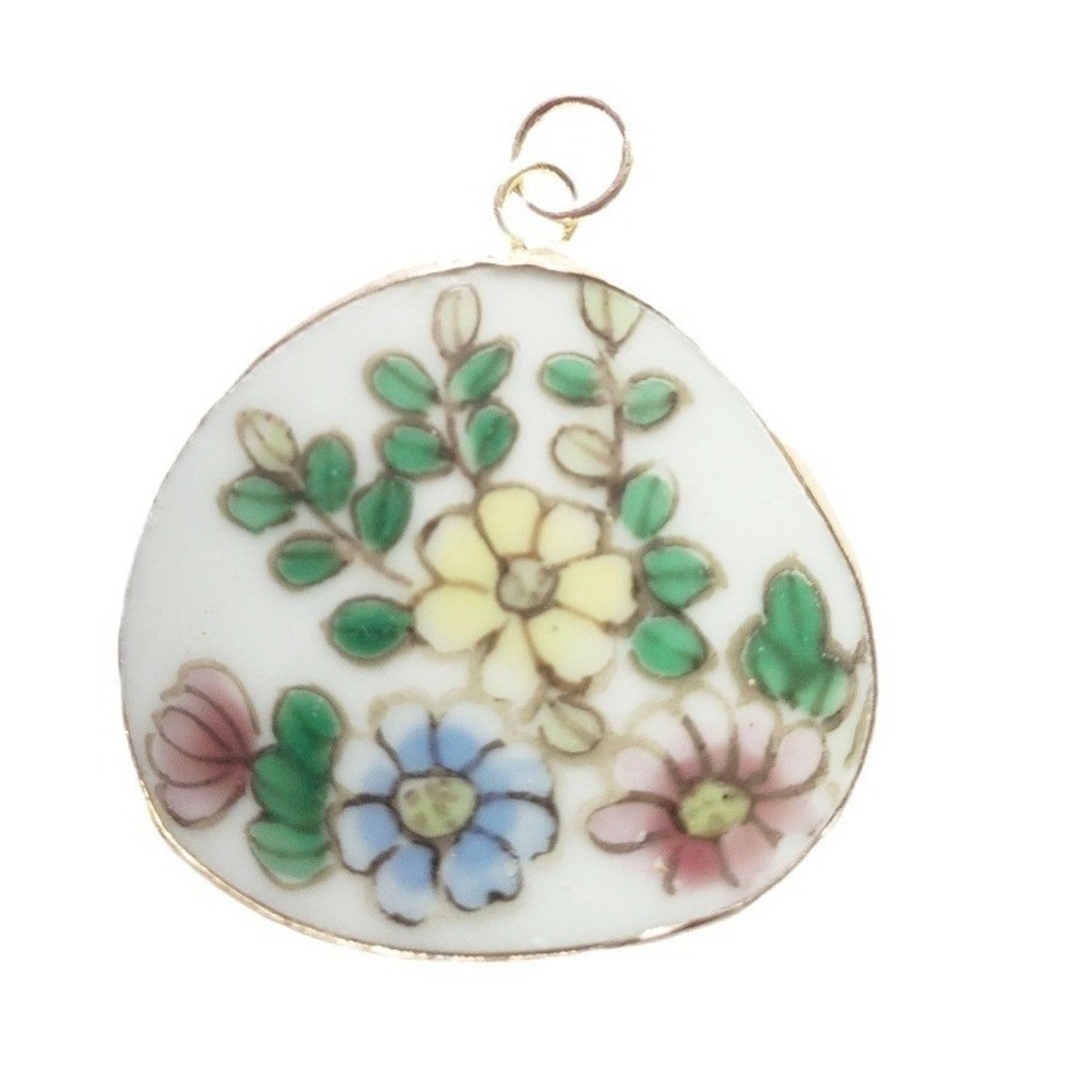 Floral Pottery Shard‎ Pendant Vintage Flowers Broken China Jewelry Focal Charm